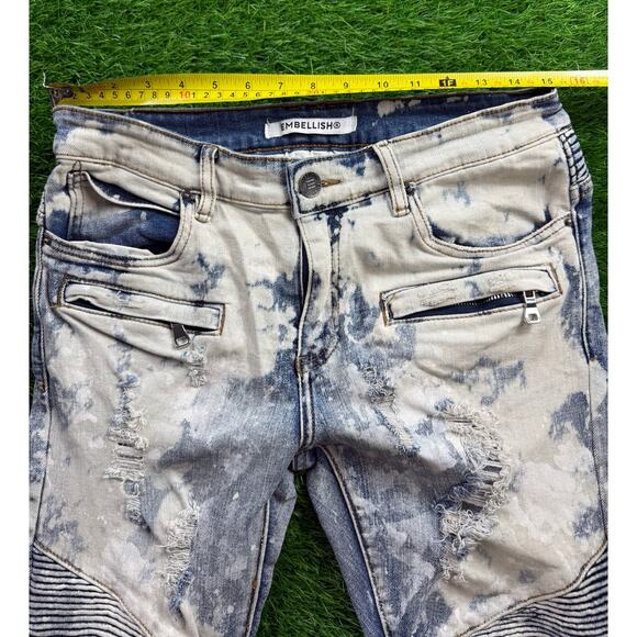Embellish Moto Biker Jeans Men’s Sz 30 Skinny Distressed Bleach Wash Zip Pockets - Picture 9 of 10